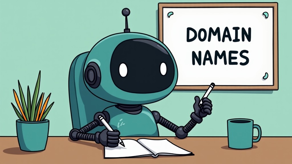 A cartoon robot is sitting at a desk, writing in a notebook while pointing to a whiteboard that says "DOMAIN NAMES", with a plant and coffee mug nearby.
