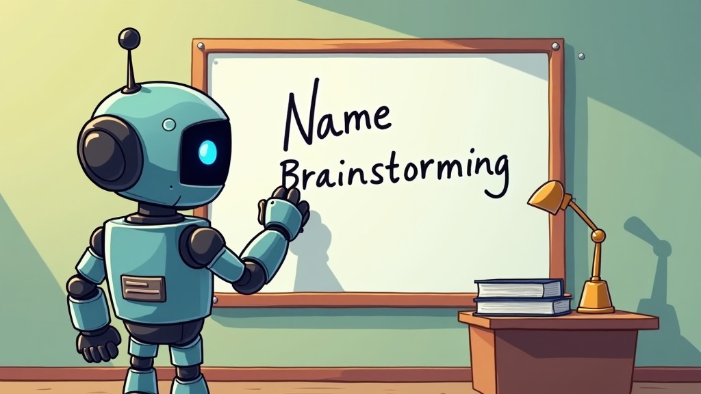 A cute cartoon robot writing "Name Brainstorming" on a whiteboard.